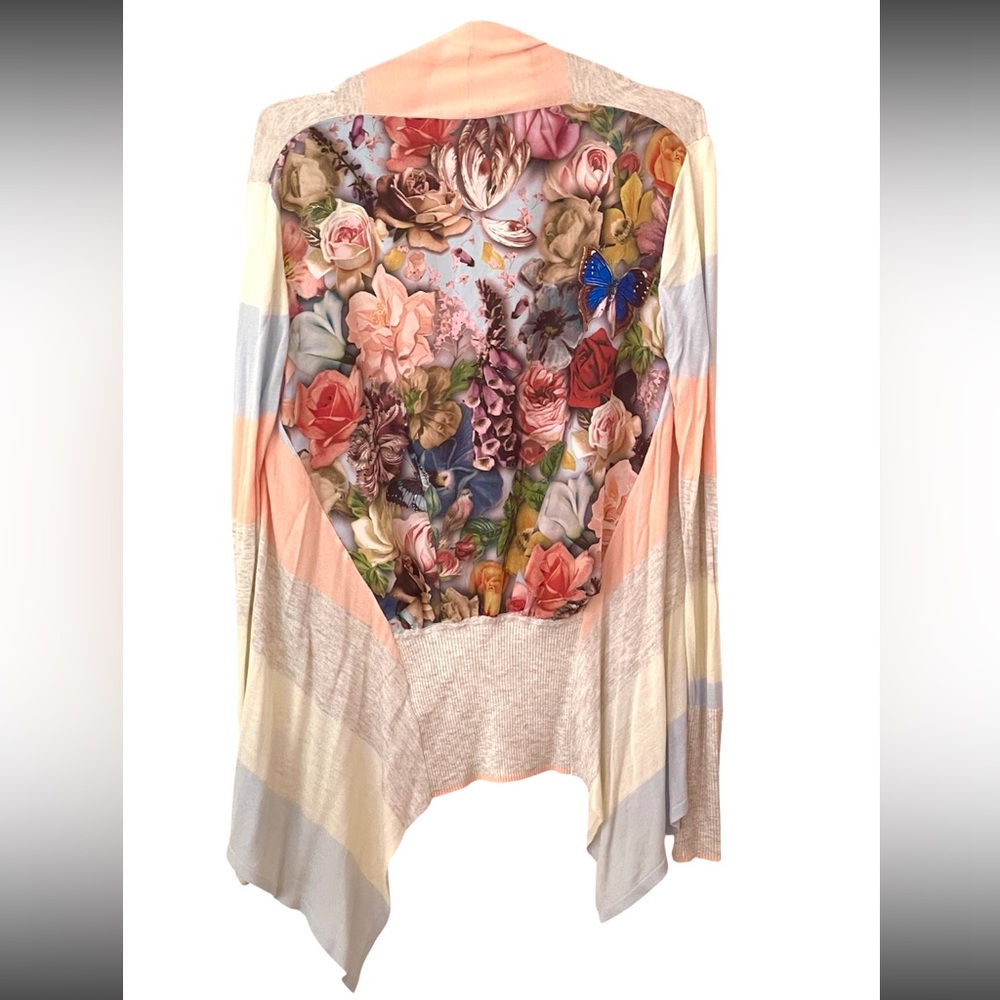 Open front striped sweater w/floral graphic back British import